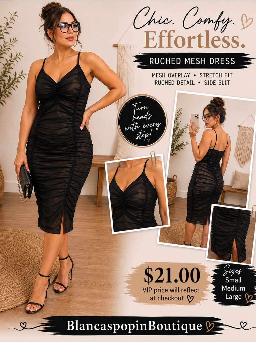 BlancaspopinBoutique Black Ruched Mesh Midi Dress